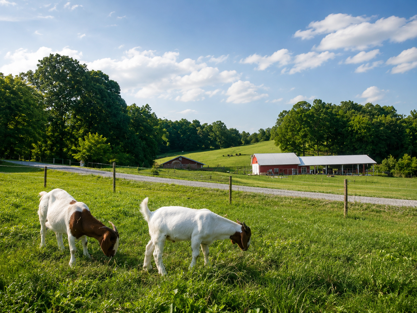 Two goats in the foreground with the red barn and farm buildings in the background