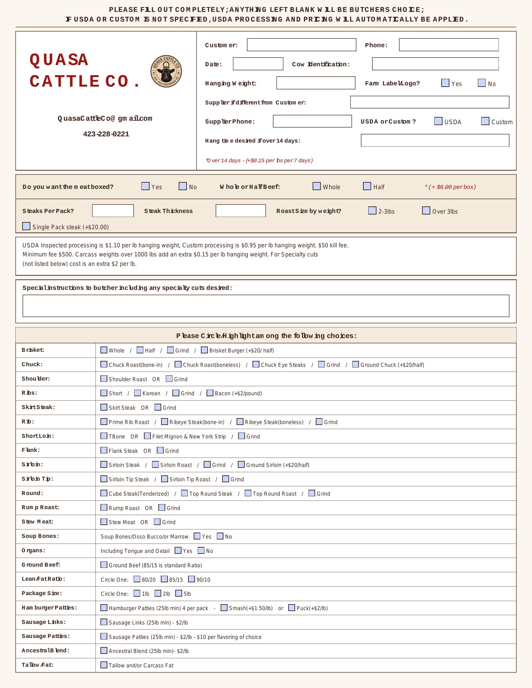 Quasa Cattle Co. Beef Cut Sheet