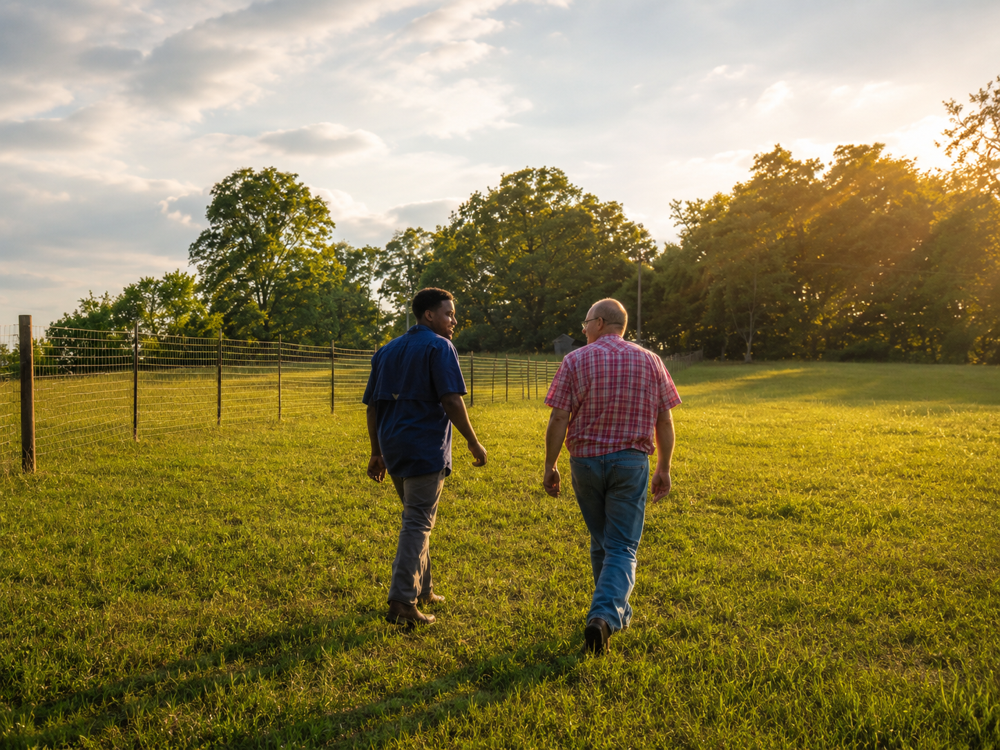 Luke Stepney and Mr. Lee walking in the pasture at sunset