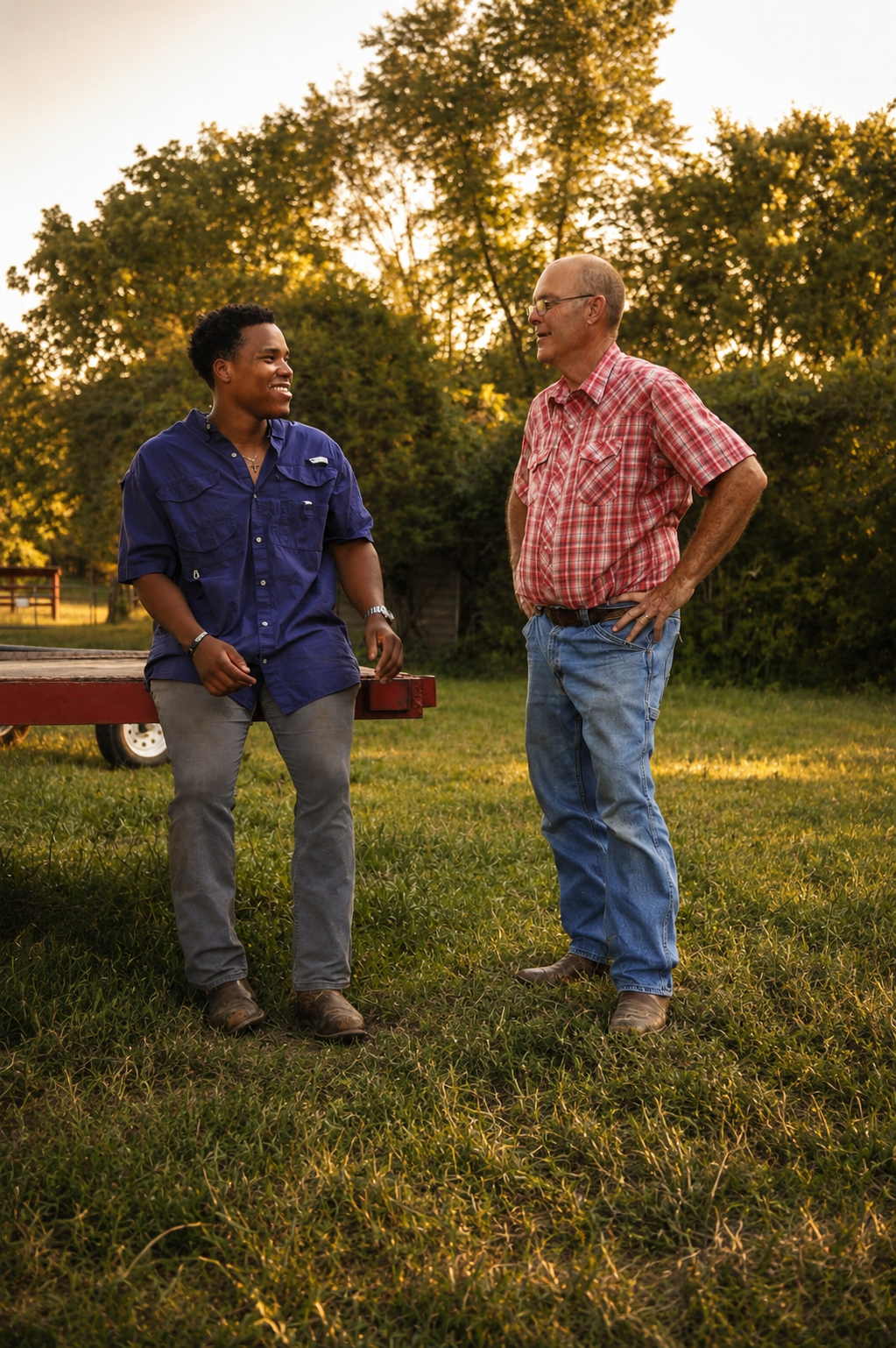 Two men talking together in the field at Quasa Cattle Co.