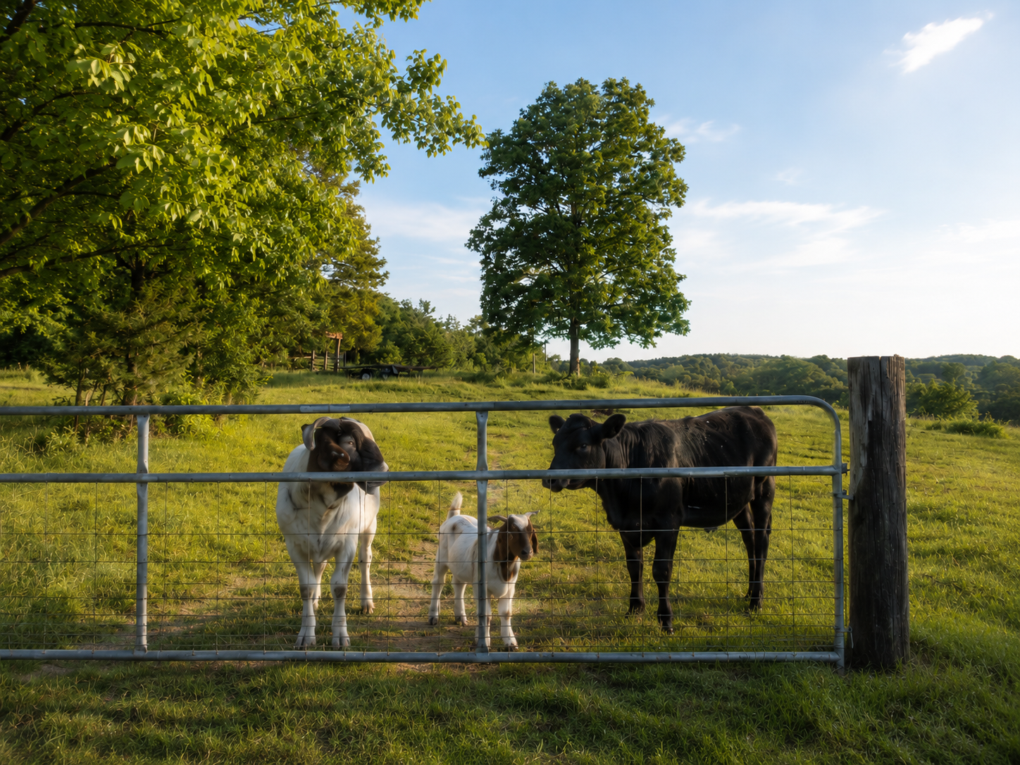Goat, baby goat, and black cow at the ranch gate